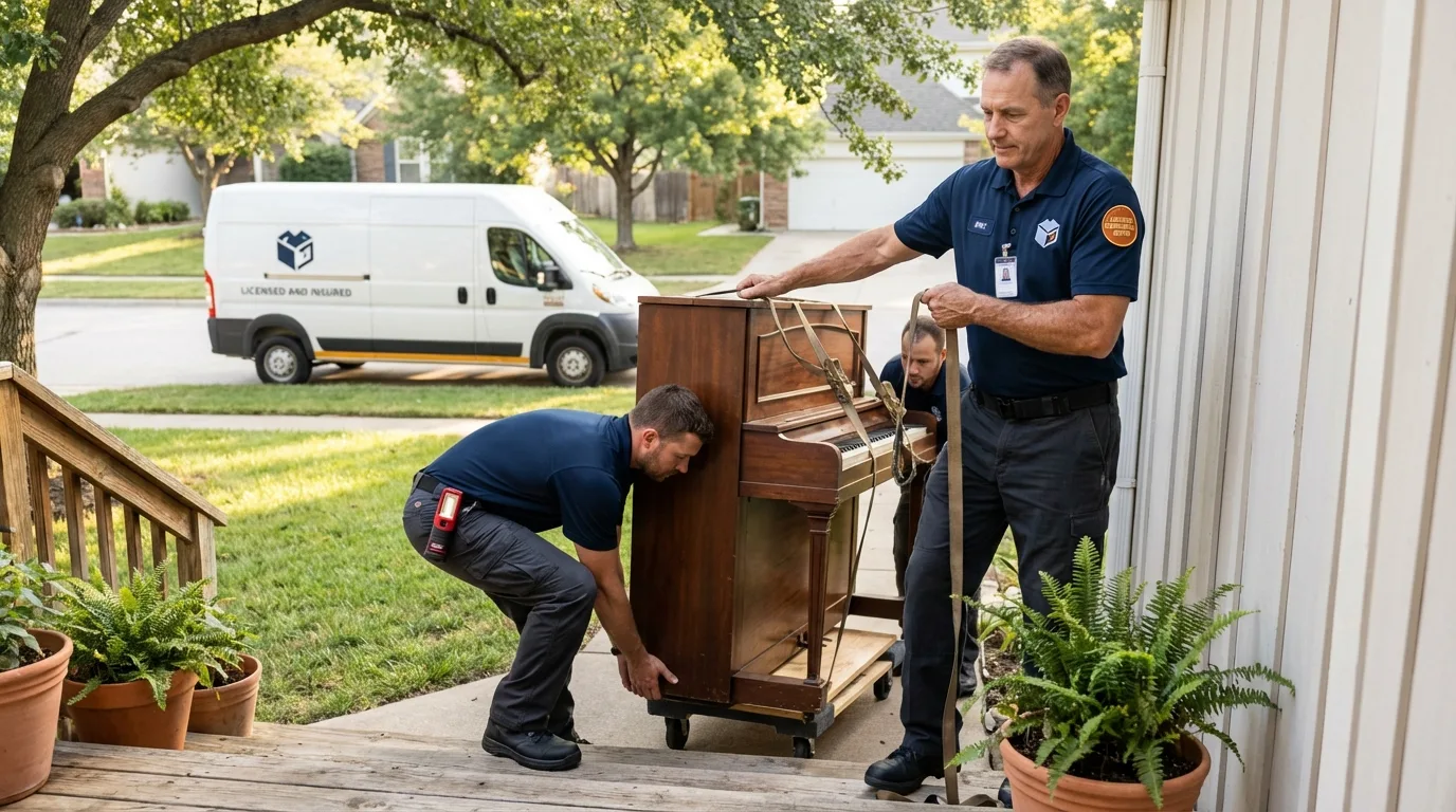 Licensed piano movers securing grand piano in Mountain City, TN