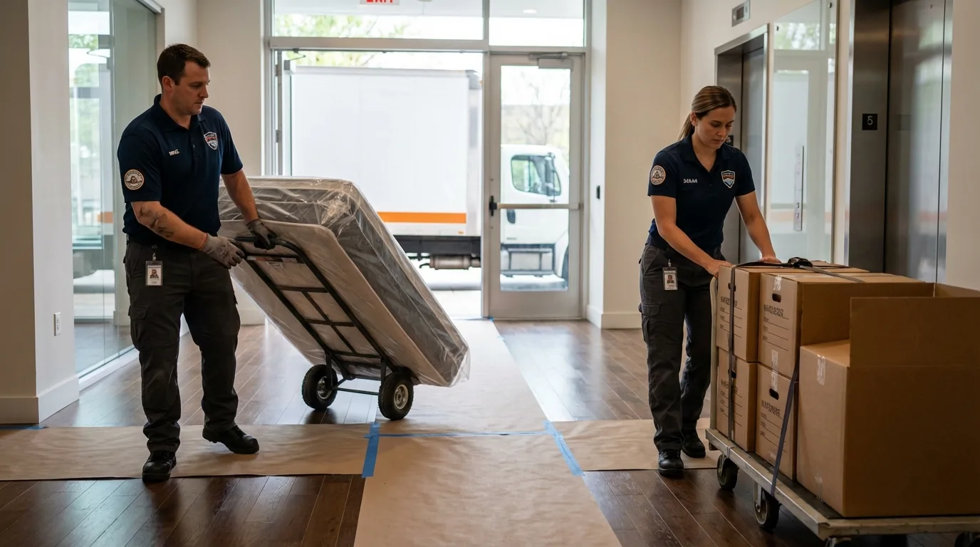 Professional apartment movers loading elevator in Mountain City, TN